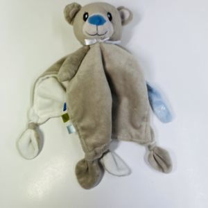 Honey Bunny Gray Bear Lovey Security Blanket White Underneath Blue Nose Softie